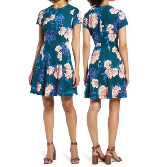 Eliza J Size 6 Dress Fit & Flare Pine Floral Jewel Neck Stretch Short Sleeves - Picture 1 of 13